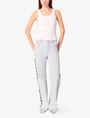 Maje Womens  Crystal-embellished Cut-out Wide-leg Mid-rise Stretch-denim Jeans In Bleus