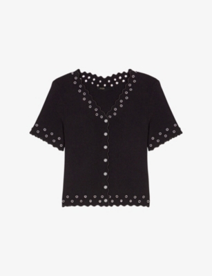 MAJE: Short-Sleeved Eyelet-Embellished Knitted Top