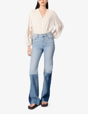 Maje Womens Blanc V-neck Lace-insert Linen Blouse In Blanc