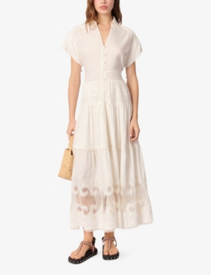 MAJE: Short-Sleeved Lace-Insert Woven Maxi Dress
