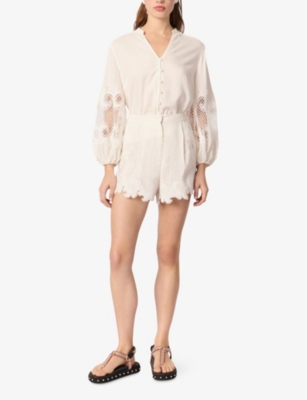 Maje Womens Blanc Embroidered-trim Mid-rise Woven Shorts In Blanc