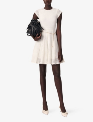 MAJE: Chain-Belt Short-Sleeve Crochet Knitted Mini Dress