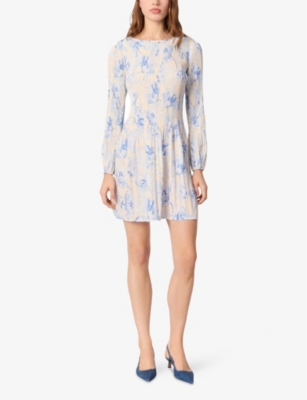 Maje Womens Floral-print Long-sleeve Pleated Woven Mini Dress Bleus In Bleus