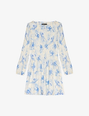 Maje Womens Floral-print Long-sleeve Pleated Woven Mini Dress Bleus In Bleus