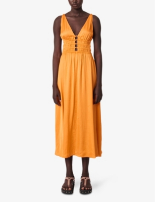 MAJE: V-Neck Button-Waist Sleeveless Woven Midi Dress