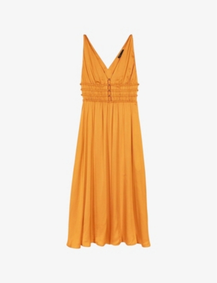 MAJE: V-Neck Button-Waist Sleeveless Woven Midi Dress