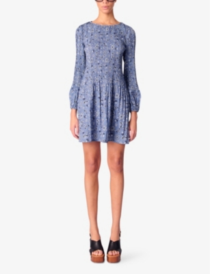 Shop Maje Womens Bleus Floral-pattern Pleated Woven Mini Dress