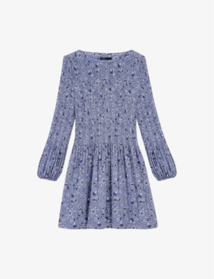 Shop Maje Womens Bleus Floral-pattern Pleated Woven Mini Dress
