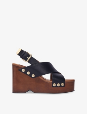 MAJE: Cross-Strap Stud-Embellished Leather Platform Heeled Sandals