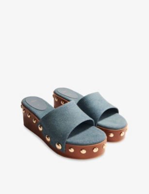 MAJE: Studded Denim Wedge Mules