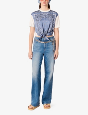 Maje Tie-front T-shirt With Print In Bleus