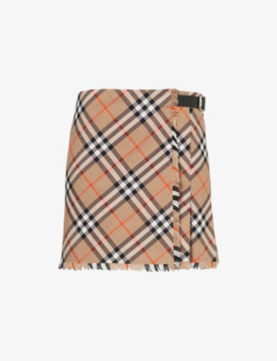 BURBERRY: Check-Print Fringed Woven Mini Skirt