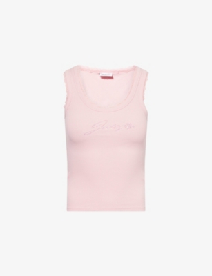 JUICY COUTURE: Crystal-Logo Lace-Trim Ribbed Cotton-Jersey Vest Top