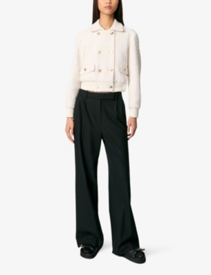 MAJE WOMENS BLANC BUTTON-DOWN RIBBED-HEM TWEED JACKET 