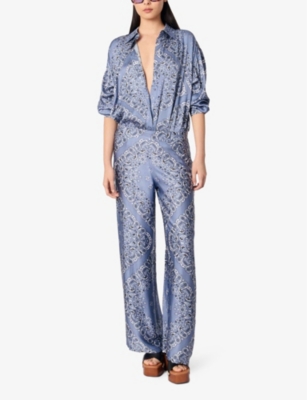 MAJE: Bandana-Pattern Wide-Leg Satin Trousers
