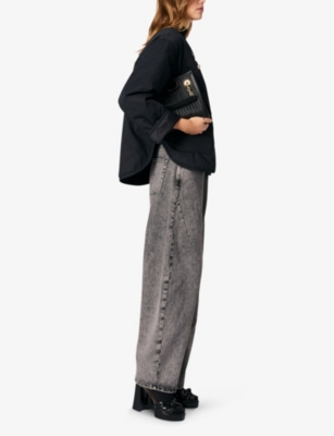 Maje Womens  Multi-pocket Round-neck Woven Coat In Noir / Gris