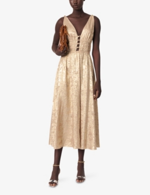 MAJE: V-Neck Sleeveless Metallic Maxi Dress
