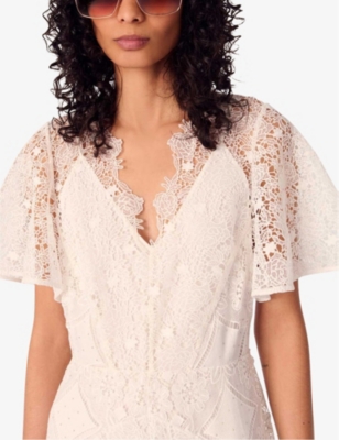 Floral-Pattern V-Neck Guipure-Lace Maxi Dress