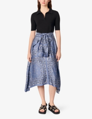 MAJE WOMENS BLEUS TWO-IN-ONE COTTON-BLEND AND SATIN MIDI DRESS 