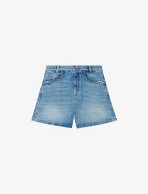 MAJE: Braided-Trim Faded-Wash Denim Shorts