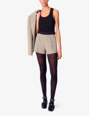 Maje Womens  Contrast-waistband Straight-leg Mid-rise Woven Shorts In Noir / Gris