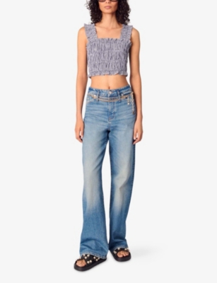 MAJE: Gingham-Print Sleeveless Smocked Crop Top