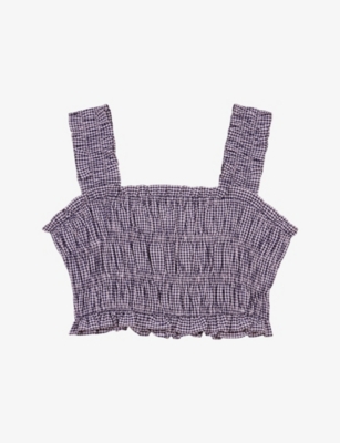 MAJE: Gingham-Print Sleeveless Smocked Crop Top