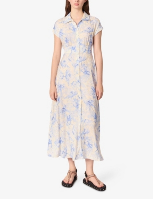 MAJE: Floral-Print Short-Sleeve Woven Midi Dress