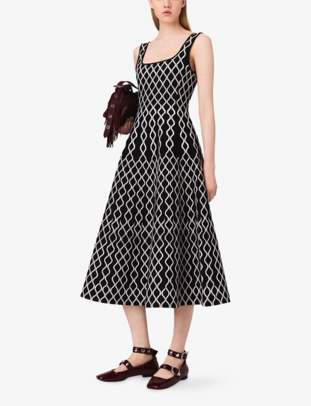 Grid-pattern square-neck knitted midi dress