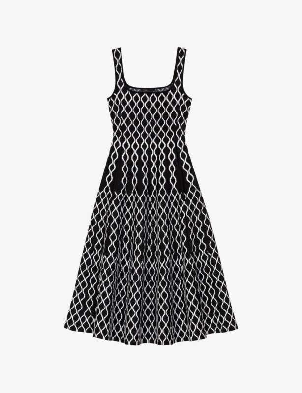 Grid-pattern square-neck knitted midi dress