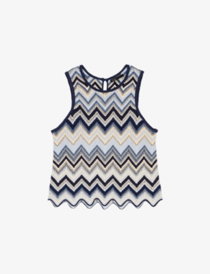 Shop Maje Womens Bleus Zigzag-pattern Sleeveless Knitted Top