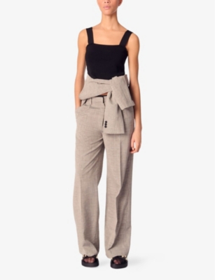 Maje Womens  Pintuck-seam Mid-rise Wide-leg Woven Trousers In Noir / Gris