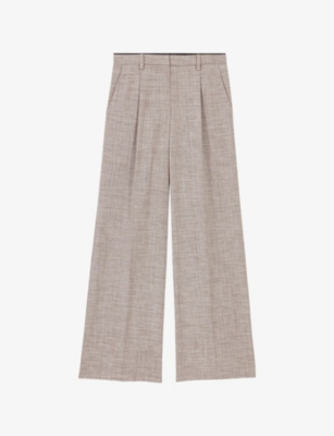 Maje Womens  Pintuck-seam Mid-rise Wide-leg Woven Trousers In Noir / Gris