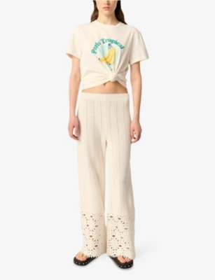 Maje Womens Blanc Wide-leg Floral-pattern Crochet-knit Trousers In Blanc