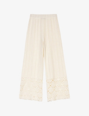 Maje Womens Blanc Wide-leg Floral-pattern Crochet-knit Trousers In Blanc