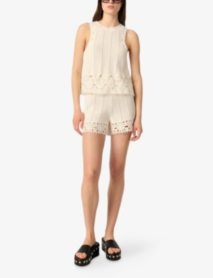 Maje Womens Crochet-knit Cotton Shorts Blanc In Blanc