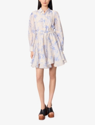 MAJE: Floral-Print Tie-Waist Linen-Blend Mini Dress