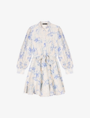 MAJE: Floral-Print Tie-Waist Linen-Blend Mini Dress