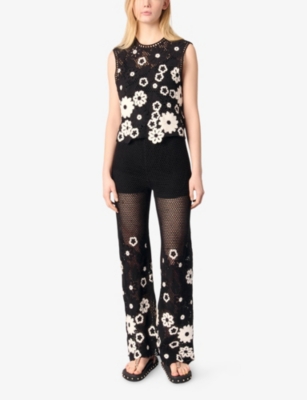 MAJE: Floral-Pattern Wide-Leg Cotton-Crochet Trousers
