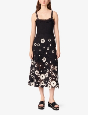 MAJE: Sleeveless Floral-Pattern Cotton-Crochet Midi Dress