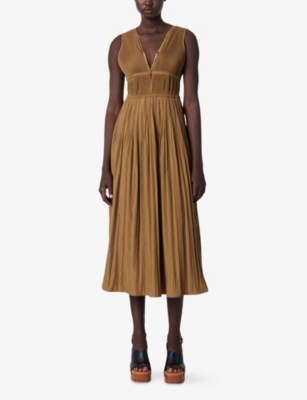 Maje Womens Jewel-embellished Pleated Cotton-blend Maxi Dress Bruns In Bruns