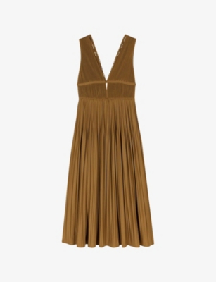 Maje Womens Jewel-embellished Pleated Cotton-blend Maxi Dress Bruns In Bruns