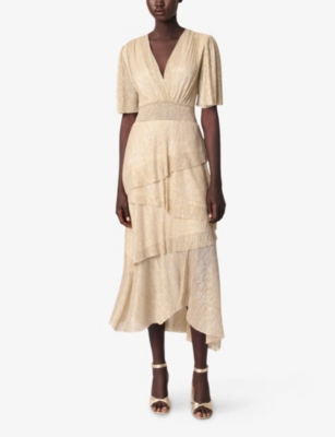 MAJE: Tiered Asymmetric-Hem Metallic-Woven Midi Dress