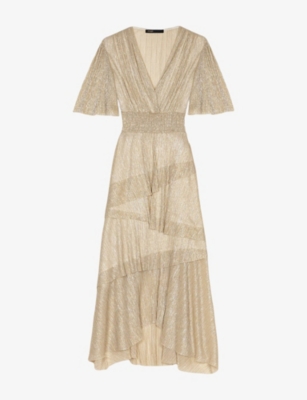 MAJE: Tiered Asymmetric-Hem Metallic-Woven Midi Dress