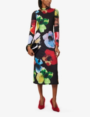Shop Stine Goya Womens Watercolor Bloom Round-neck Printed Stretch-woven Midi Dress