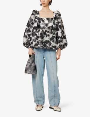 Shop Stine Goya Womens Anemone Jacquard Square-neck Long-balloon-sleeves Woven-blend Top Xs