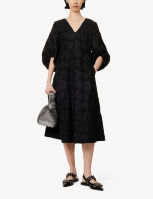 STINE GOYA WOMENS ANEMONE JACQUARD EMBOSSED-FLORAL V-NECK WOVEN MIDI DRESS XS 
