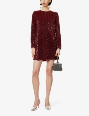 STINE GOYA WOMENS BORDEAUX SEQUIN-EMBELLISHMENT LONG-SLEEVES RECYCLED-POLYESTER BLEND MINI DRESS 