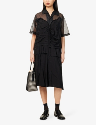 MAISON MARGIELA: Mesh-Panels Short-Sleeves Woven Midi Dress