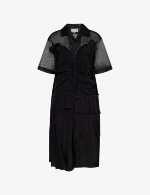 MAISON MARGIELA: Mesh-Panels Short-Sleeves Woven Midi Dress